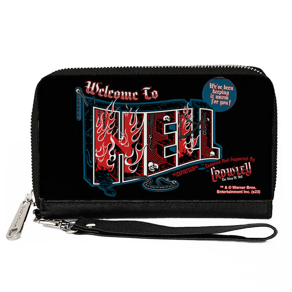 Buckle-Down PU Zip Around Wallet Rectangle - Supernatural Crowley WELCOME TO HELL Flames Skulls and Chains Black/Blue/Red/White