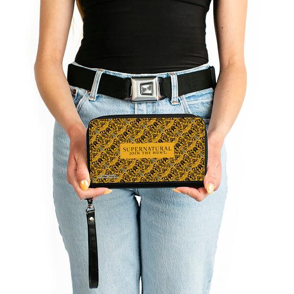 Buckle-Down PU Zip Around Wallet Rectangle - SUPERNATURAL JOIN THE HUNT Title Logo And CASTIEL Wings Repeat Yellow/Black