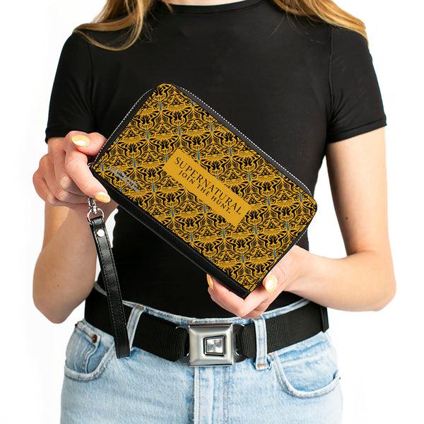 Buckle-Down PU Zip Around Wallet Rectangle - SUPERNATURAL JOIN THE HUNT Title Logo And CASTIEL Wings Repeat Yellow/Black
