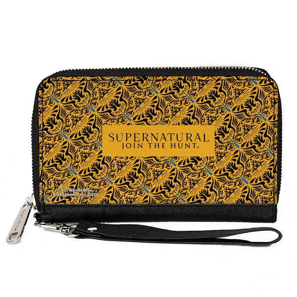 Buckle-Down PU Zip Around Wallet Rectangle - SUPERNATURAL JOIN THE HUNT Title Logo and CASTIEL Wings Repeat Yellow/Black