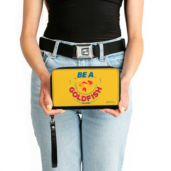 Buckle-Down PU Zip Around Wallet Rectangle - Ted Lasso BE A GOLDFISH Quote Yellow Blue Red
