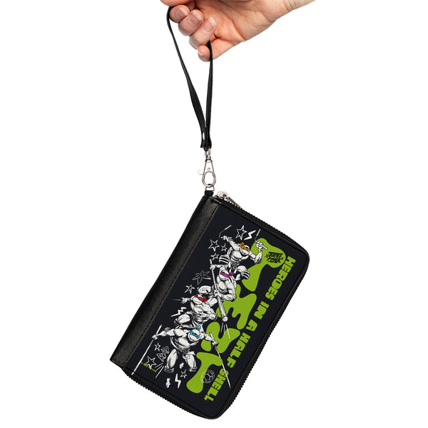 Buckle-Down PU Zip Around Wallet Rectangle - Teenage Mutant Ninja Turtles TMNT TURTLES IN A HALF SHELL Action Poses Black/White/Green