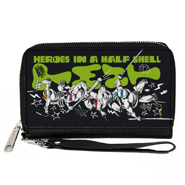 Buckle-Down PU Zip Around Wallet Rectangle - Teenage Mutant Ninja Turtles TMNT TURTLES IN A HALF SHELL Action Poses Black/White/Green
