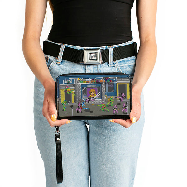 Buckle-Down PU Zip Around Wallet Rectangle - Teenage Mutant Ninja Turtles Battle Purple Foot Soldier Ninja Arcade Scene Grays