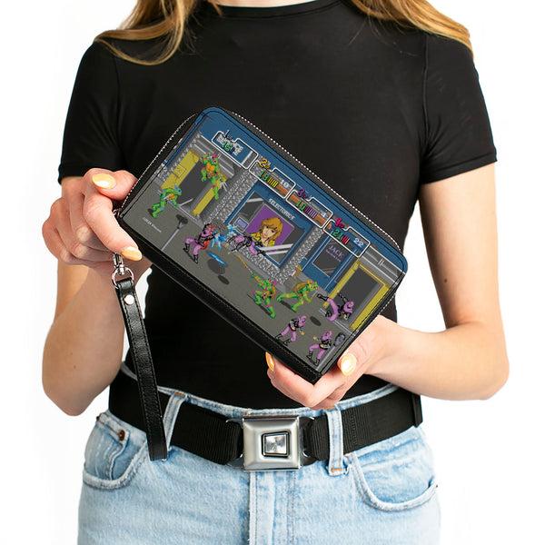 Buckle-Down PU Zip Around Wallet Rectangle - Teenage Mutant Ninja Turtles Battle Purple Foot Soldier Ninja Arcade Scene Grays