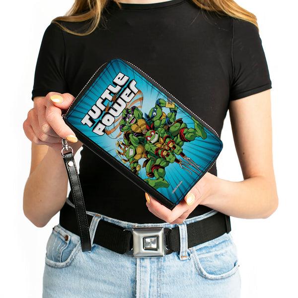 Buckle-Down PU Zip Around Wallet Rectangle - Teenage Mutant Ninja Turtles TURTLE POWER Group Pose Rays Blues