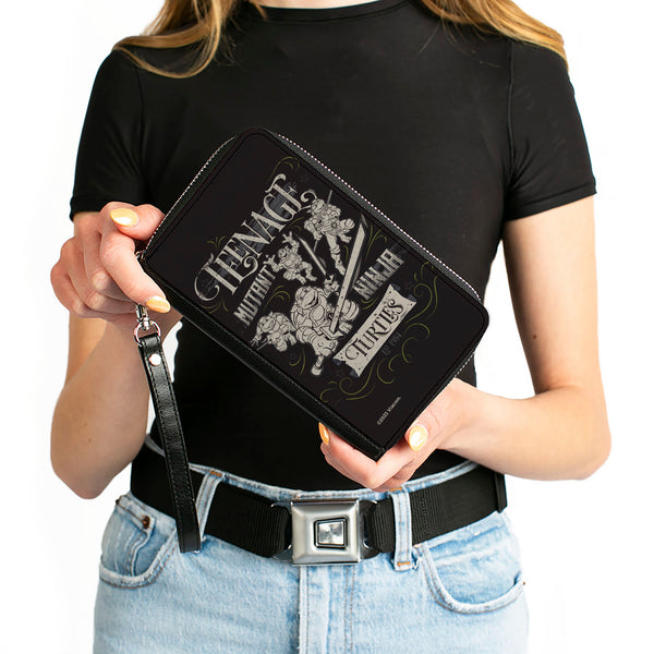 Buckle-Down PU Zip Around Wallet Rectangle - TEENAGE MUTANT NINJA TURTLES Est. 1984 Action Poses Black/White