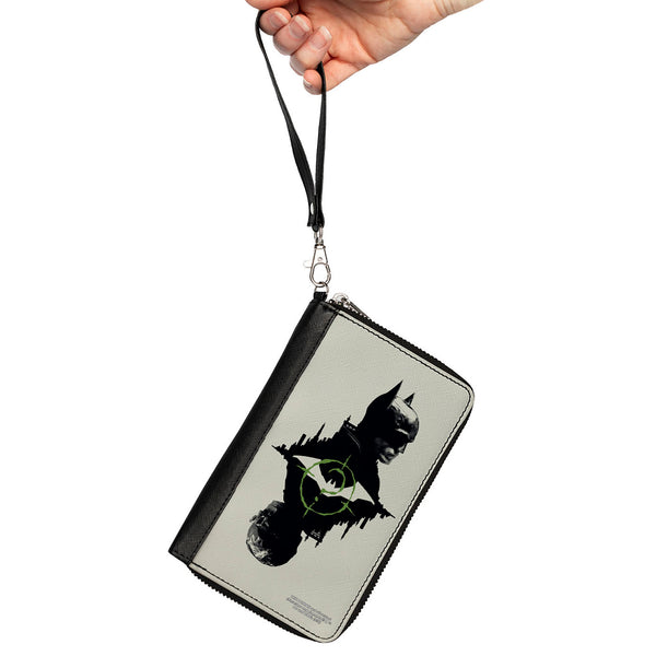 Buckle-Down PU Zip Around Wallet Rectangle - The Batman Movie Batman And Riddler Poses And Logos Cityscape Grays Black Green
