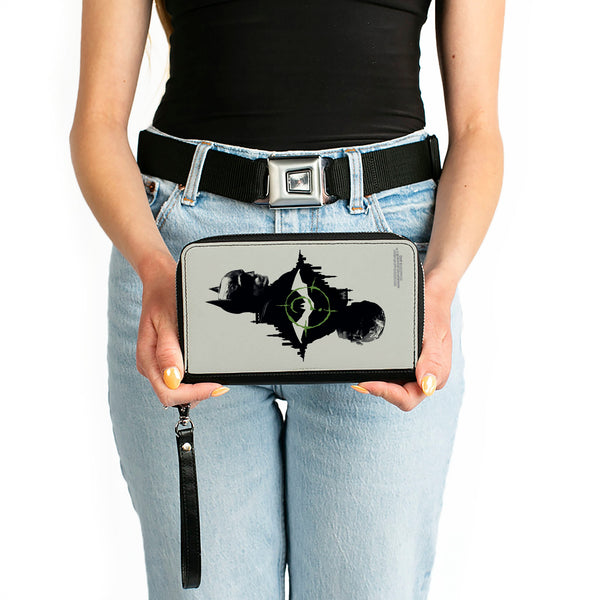 Buckle-Down PU Zip Around Wallet Rectangle - The Batman Movie Batman And Riddler Poses And Logos Cityscape Grays Black Green