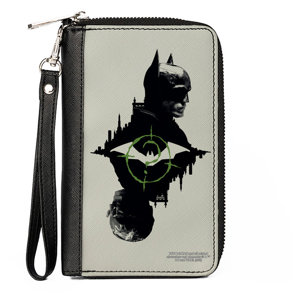 Buckle-Down PU Zip Around Wallet Rectangle - The Batman Movie Batman and Riddler Poses and Logos Cityscape Grays Black Green