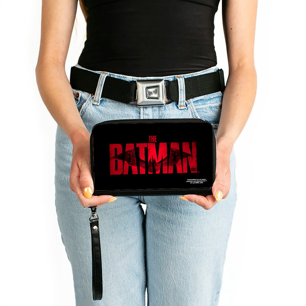 Buckle-Down PU Zip Around Wallet Rectangle - THE BATMAN Movie Bat Title Weathered Black Red