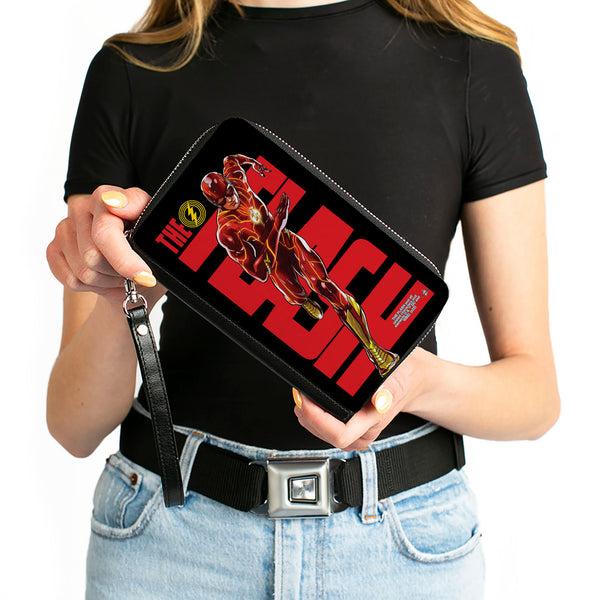 Buckle-Down PU Zip Around Wallet Rectangle - THE FLASH Title And Running Action Pose Black/Red/Yellow