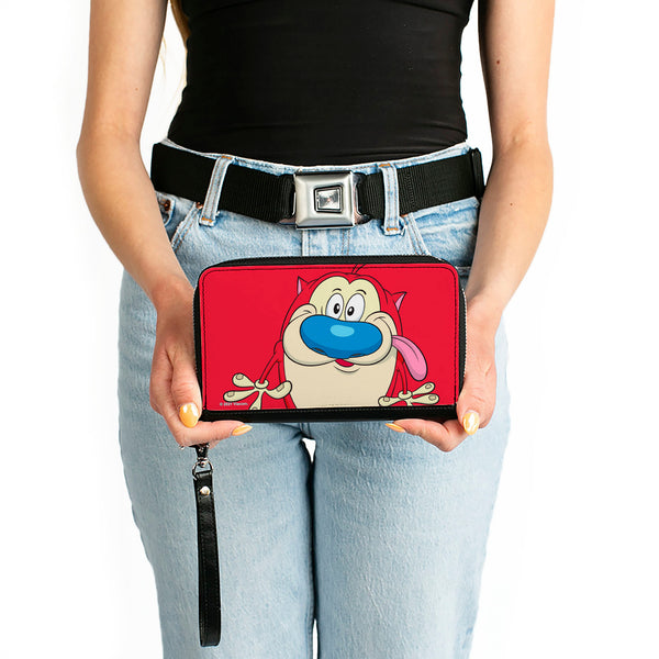 Buckle-Down PU Zip Around Wallet Rectangle - The Ren & Stimpy Show Stimpy Smiling Pose CLOSE-UP Red