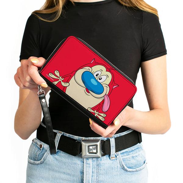 Buckle-Down PU Zip Around Wallet Rectangle - The Ren & Stimpy Show Stimpy Smiling Pose CLOSE-UP Red