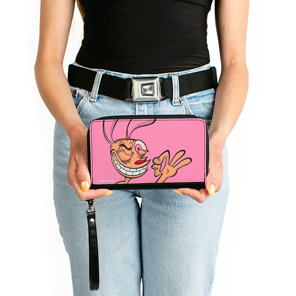 Buckle-Down PU Zip Around Wallet Rectangle - The Ren & Stimpy Show Ren Winking Pose CLOSE-UP Pink