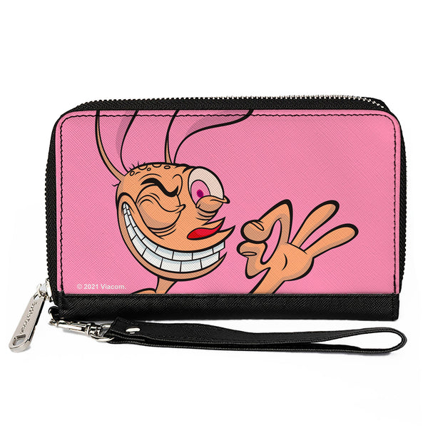 Buckle-Down PU Zip Around Wallet Rectangle - The Ren & Stimpy Show Ren Winking Pose CLOSE-UP Pink
