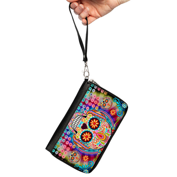 Buckle-Down PU Zip Around Wallet Rectangle - Tranquility Beats Calaveras & Flowers/Rays Black/Multi Color
