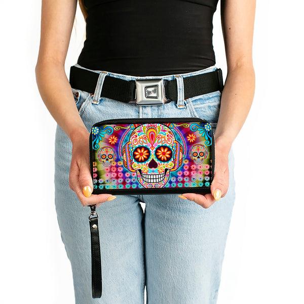 Buckle-Down PU Zip Around Wallet Rectangle - Tranquility Beats Calaveras & Flowers/Rays Black/Multi Color