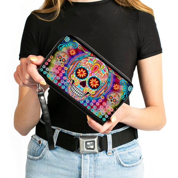 Buckle-Down PU Zip Around Wallet Rectangle - Tranquility Beats Calaveras & Flowers/Rays Black/Multi Color