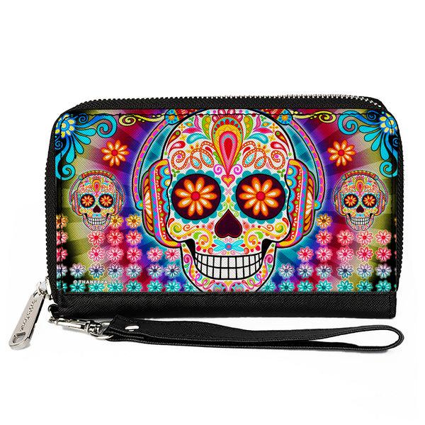 Buckle-Down PU Zip Around Wallet Rectangle - Tranquility Beats Calaveras & Flowers/Rays Black/Multi Color