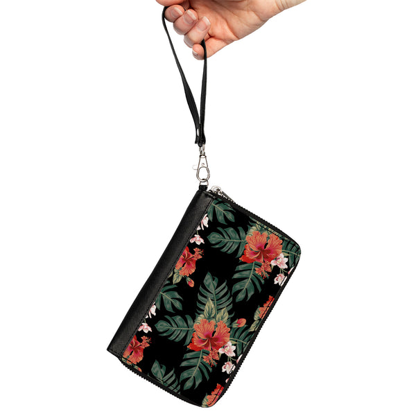 Buckle-Down PU Zip Around Wallet Rectangle - Tropical Flora Black/Greens/Reds