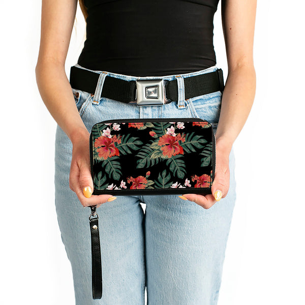 Buckle-Down PU Zip Around Wallet Rectangle - Tropical Flora Black/Greens/Reds