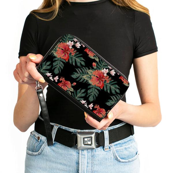 Buckle-Down PU Zip Around Wallet Rectangle - Tropical Flora Black/Greens/Reds
