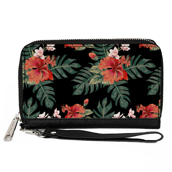Buckle-Down PU Zip Around Wallet Rectangle - Tropical Flora Black/Greens/Reds