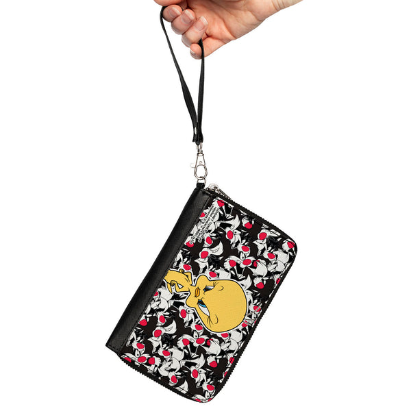 Buckle-Down PU Zip Around Wallet Rectangle - Tweety Pose/Sylvester The Cat Expressions Stacked Black/White/Red