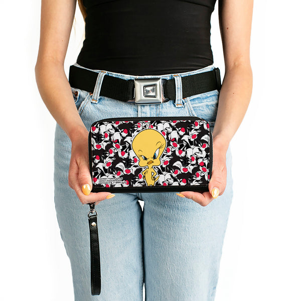 Buckle-Down PU Zip Around Wallet Rectangle - Tweety Pose/Sylvester The Cat Expressions Stacked Black/White/Red