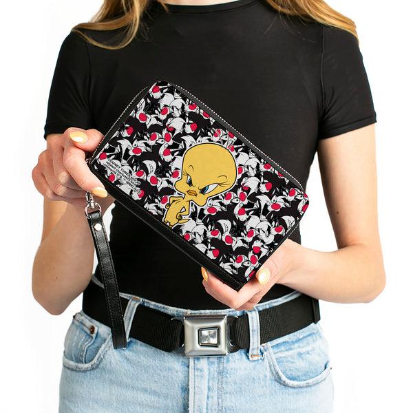 Buckle-Down PU Zip Around Wallet Rectangle - Tweety Pose/Sylvester The Cat Expressions Stacked Black/White/Red