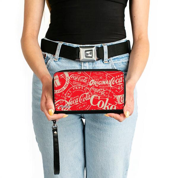 Buckle-Down PU Zip Around Wallet Rectangle - Vintage Coca-Cola Coke Icons And Ad Logos Red/White
