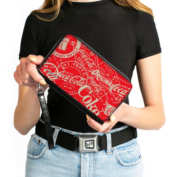 Buckle-Down PU Zip Around Wallet Rectangle - Vintage Coca-Cola Coke Icons And Ad Logos Red/White