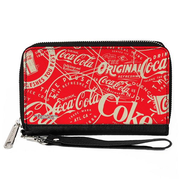 Buckle-Down PU Zip Around Wallet Rectangle - Vintage Coca-Cola Coke Icons and Ad Logos Red/White
