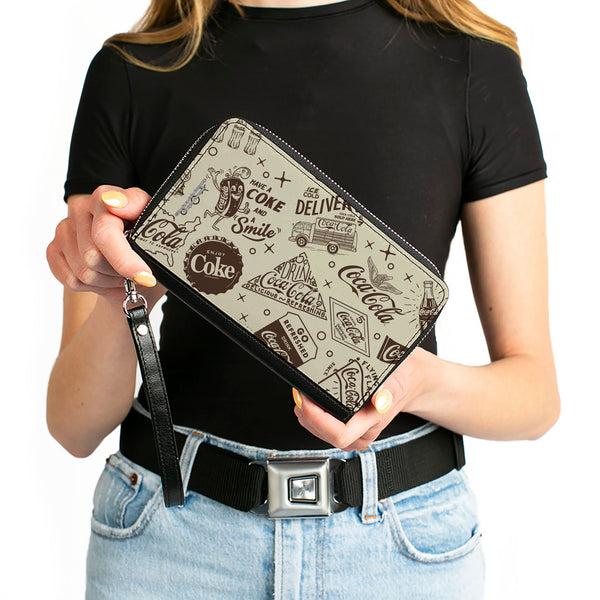 Buckle-Down PU Zip Around Wallet Rectangle - Vintage Coca-Cola HAVE A COKE AND SMILE Icons Collage Beige/Brown