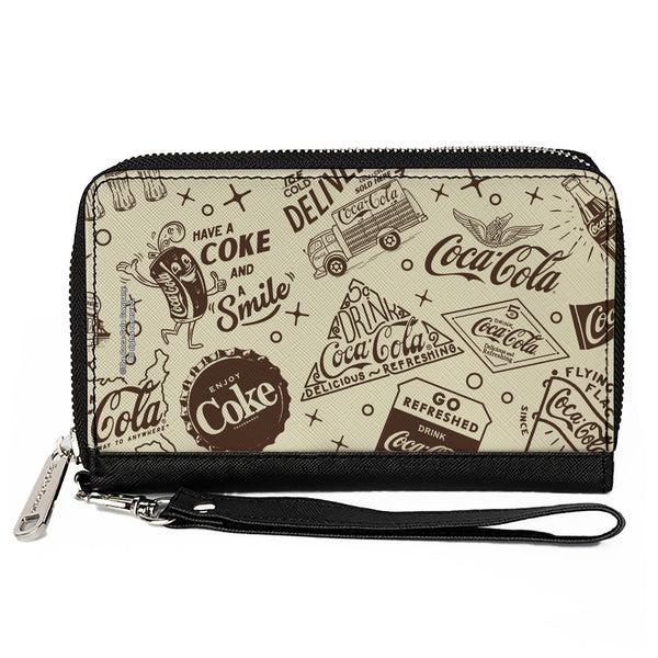 Buckle-Down PU Zip Around Wallet Rectangle - Vintage Coca-Cola HAVE A COKE AND SMILE Icons Collage Beige/Brown