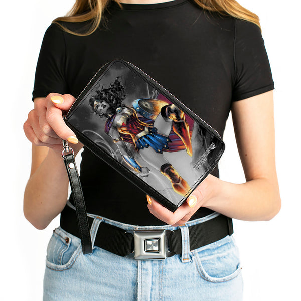 Buckle-Down PU Zip Around Wallet Rectangle - Wonder Woman 75th Anniversary Comic Book Cover Standing Pose Grays/Full Color