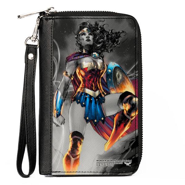 Buckle-Down PU Zip Around Wallet Rectangle - Wonder Woman 75th Anniversary Comic Book Cover Standing Pose Grays/Full Color