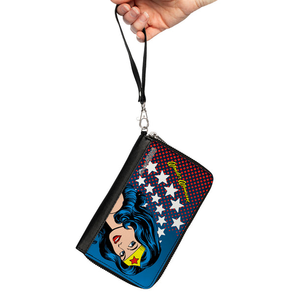 Buckle-Down PU Zip Around Wallet Rectangle - WONDER WOMAN Stars/Face Halftone Blues/Red/Yellow/White