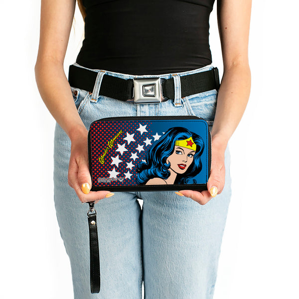Buckle-Down PU Zip Around Wallet Rectangle - WONDER WOMAN Stars/Face Halftone Blues/Red/Yellow/White