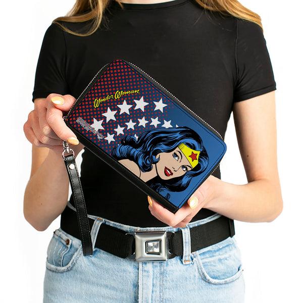 Buckle-Down PU Zip Around Wallet Rectangle - WONDER WOMAN Stars/Face Halftone Blues/Red/Yellow/White
