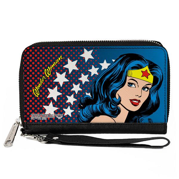 Buckle-Down PU Zip Around Wallet Rectangle - WONDER WOMAN Stars/Face Halftone Blues/Red/Yellow/White
