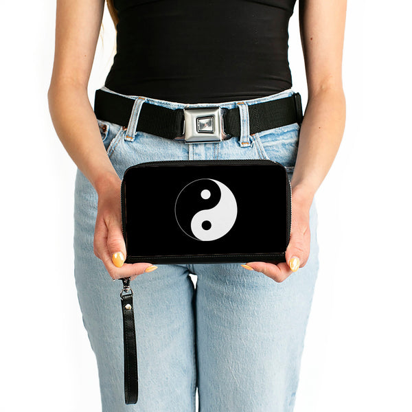 Buckle-Down PU Zip Around Wallet Rectangle - Yin Yang Symbol Black/White