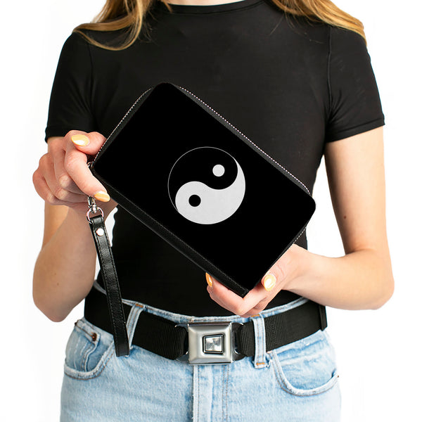 Buckle-Down PU Zip Around Wallet Rectangle - Yin Yang Symbol Black/White