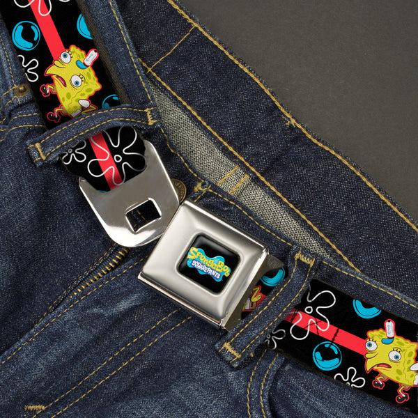 Buckle-Down SpongeBob SquarePants Logo Full Color Black/Blues Seatbelt Belt - Mocking SpongeBob Pose And Bubbles Stripe Black/Blue/Red Webbing