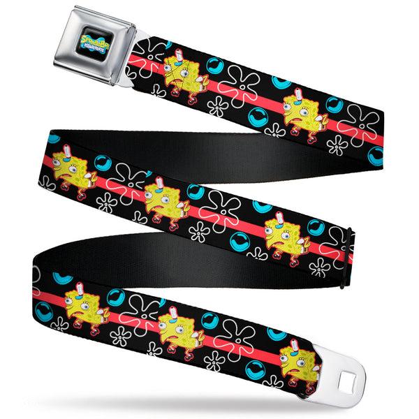 Buckle-Down SpongeBob SquarePants Logo Full Color Black/Blues Seatbelt Belt - Mocking SpongeBob Pose and Bubbles Stripe Black/Blue/Red Webbing