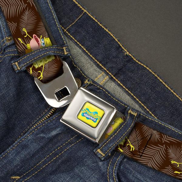 Buckle-Down SpongeBob SquarePants Logo Full Color Yellows/Blues Seatbelt Belt - Primitive SpongeBob SquarePants Pose And Leaves Black/Gray Webbing