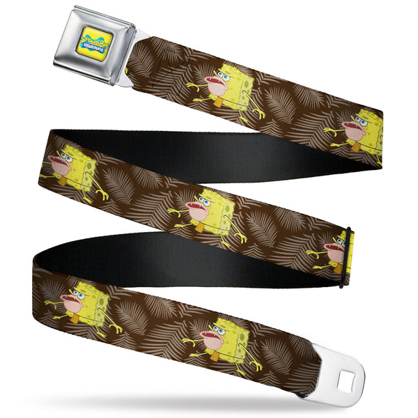 Buckle-Down SpongeBob SquarePants Logo Full Color Yellows/Blues Seatbelt Belt - Primitive SpongeBob SquarePants Pose and Leaves Black/Gray Webbing