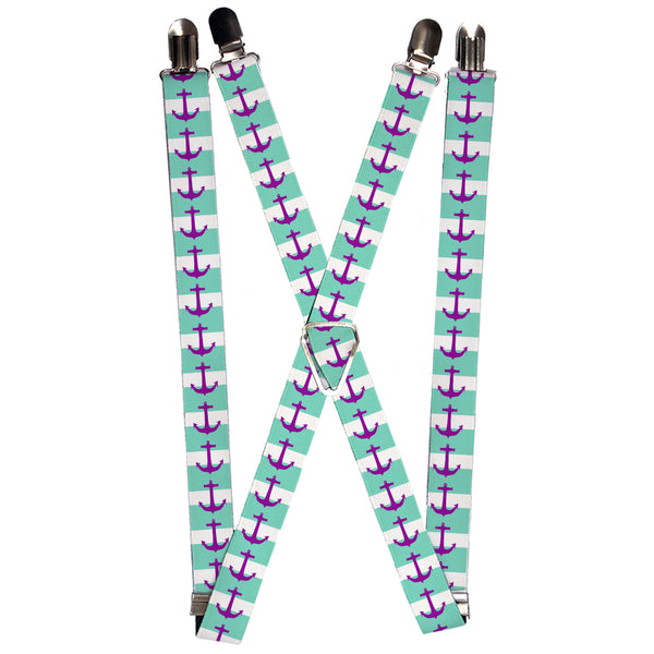 Buckle-Down Suspenders - 1.0" - Anchor/Stripe Teal/White/Purple