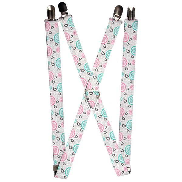 Buckle-Down Suspenders - 1.0" - Bird Tapestry White/Gray/Turquoise/Pink